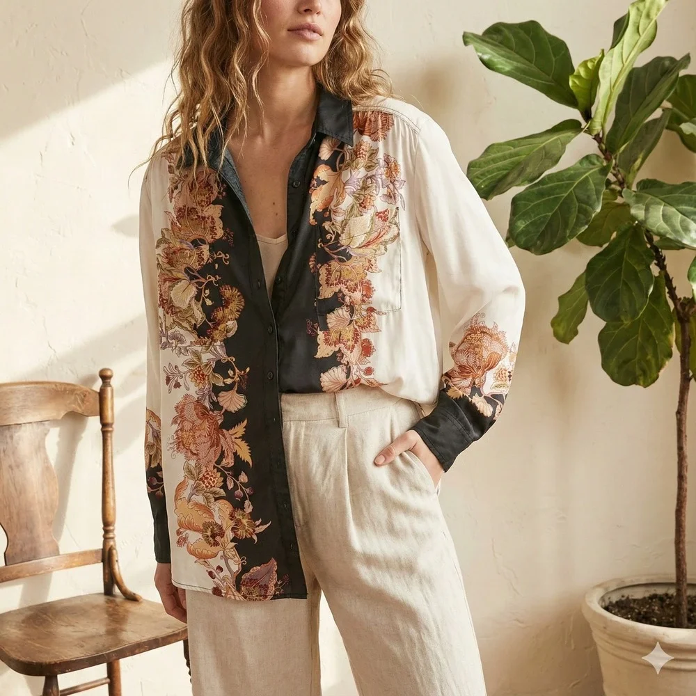 Anthropologie Relaxed Button Down Shirt Womens XL Black White Floral Top Boho